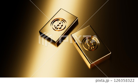 Golden Bitcoin ingots (bullion bar) on golden background. Golden Bitcoin ingots (bullion bar) on golden background. 126358322