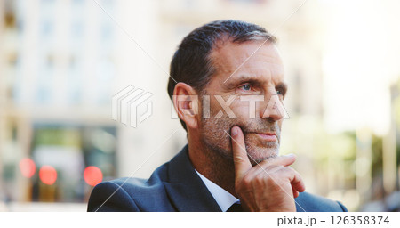 Businessman, thinking and city with ambition for corporate vision, job or career opportunity. Man, employee or wonder with thought for travel, work trip or business development in an urban town Businessman, thinking and city with ambition for corporate vision, job or career opportunity. Man, employee or wonder with thought for travel, work trip or business development in an urban town 126358374