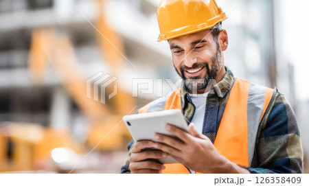 Construction worker wearing safety helmet, is smiling while using tablet device on job site, surrounded by machinery and building materials, showcasing modern technology in construction 126358409