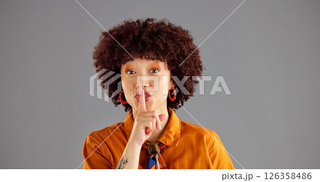 Silent, finger and portrait of woman in studio for gossip, secret and privacy on gray background. Mockup space, emoji and isolated person with gesture for shh, noise or whisper for confidential news 126358486