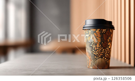 Coffee cup with intricate floral design placed on a smooth concrete surface in a modern cafe setting, showcasing the warm ambiance and inviting atmosphere for coffee lovers and enthusiasts 126358506