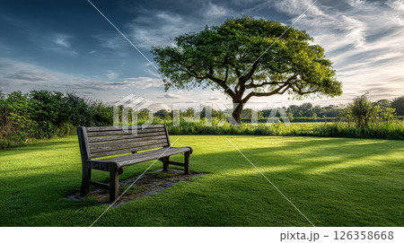 Tranquil Park Scene with Wooden Bench Under a Sprawling Tree. 126358668