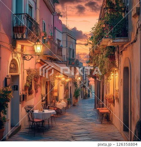 夕暮れの静かなシチリアの街並み 126358804