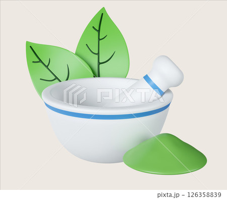 Narcotics represented by a mortar and pestle illustrating natural remedies in drug preparation. 3D render illustration 126358839