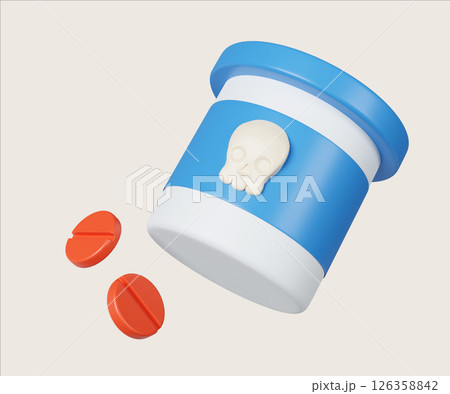 Narcotics pill bottle with a skull symbol highlighting danger. 3D render illustration Narcotics pill bottle with a skull symbol highlighting danger. 3D render illustration 126358842