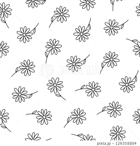Seamless pattern with cute flower. Vector outline monochrome doodle illustrations on white background 126358884