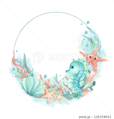 Seahorse, starfish cute characters in circle frame. Algae, seashell, coral, blue mint watercolor spot, bubbles. Hand drawn template isolated from background. Cartoon style, animated film, kids design 126359031