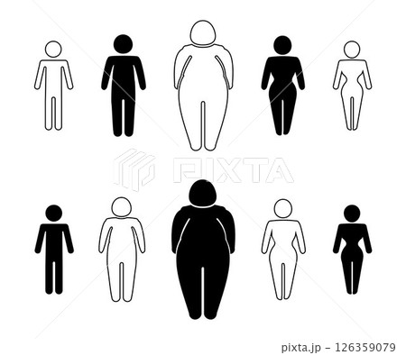 A man or woman diets and exercises from fat to fitness series frontal view. Figure and size person, body index mass. Vector A man or woman diets and exercises from fat to fitness series frontal view. Figure and size person, body index mass. Vector 126359079