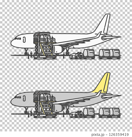 イラスト素材:搭載作業中の、国内貨物向け貨物機。小型トーイングトラクター＆コンテナのドーリー。 126359419