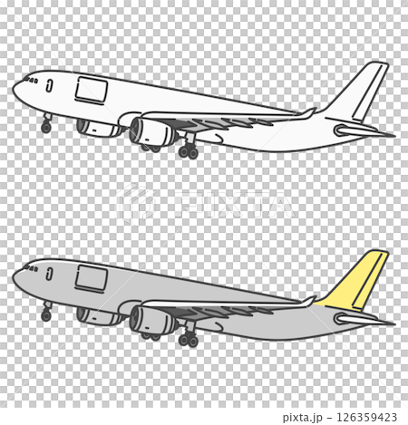 圖庫插圖: 準備降落的國際貨運飛機。起落架 126359423