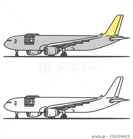 イラスト素材:駐機状態の、国際貨物向け貨物機（カーゴドアオープン状態） 126359425