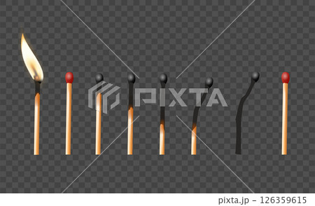 Matchbox, empty package for match sticks in top and perspective view. Realistic mockup of 3d blank box. Stages of burning the match. Symbol of ignition burning. Vector 126359615