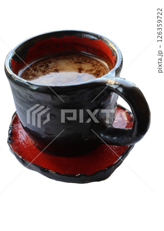 Red and black ceramic coffee cup. 126359722