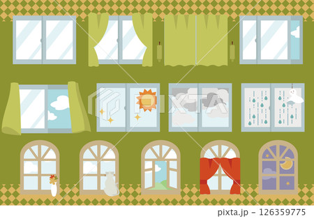 いろいろな天気やカーテンのあるシンプルな窓のセットイラスト 126359775