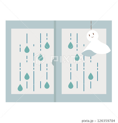 雨の窓と笑顔のてるてる坊主のイラスト 126359784