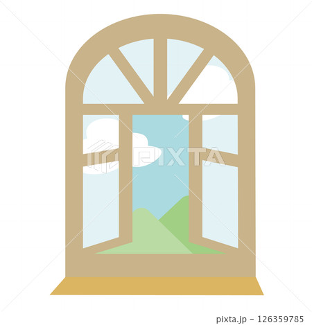 山と雲の風景が見える少し開いたラウンド窓のイラスト 126359785