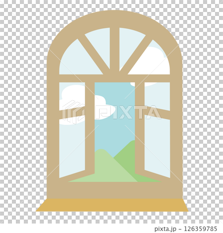 略微打開的圓形窗戶插圖，可欣賞山脈和雲彩的景色 126359785