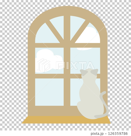 西式圓形窗戶插圖，一隻貓向外張望 126359786