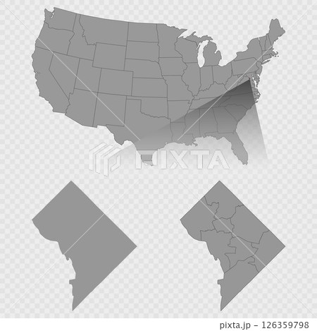 Washington DC map set with USA location, clean outline, and full county breakdown. 126359798