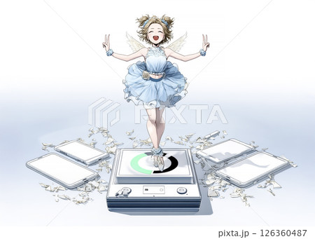 テクノフェアリー　外に連れて行ってもらうのを待っているフル充電になった充電の妖精のイラスト素材 126360487