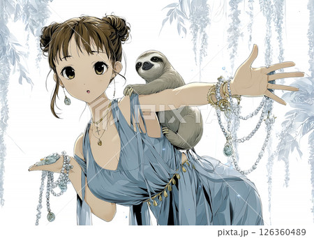 ナマケモノと一緒にヨガをするナマケモノの妖精のイラスト素材 126360489