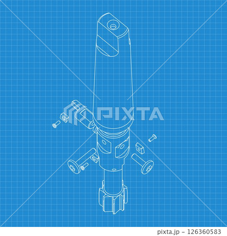 Mechanical engineering drawings. Tap tools, borer. Technical Design. Cover. Blueprint. Step Cutting Tool with Countersinking Function. Technical 3D Vector Illustration 126360583