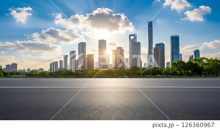 Modern City Skyline, Sunrise, Asphalt Road 126360967