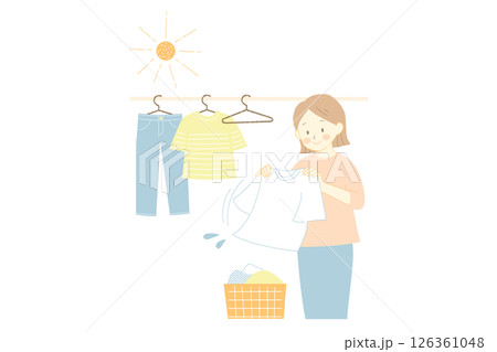 洗濯物を干す女性のベクターイラスト 126361048
