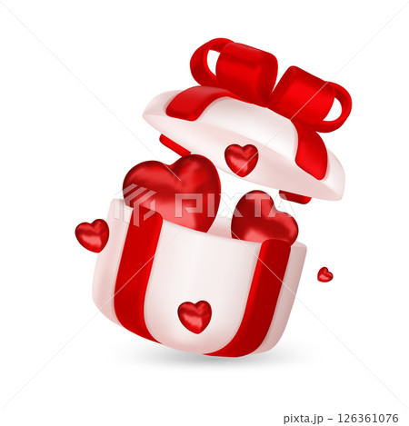 Valentine s day design. Realistic gifts boxes. Open gift box full of decorative festive object. Holiday banner, web poster, flyer, stylish brochure, greeting card, cover. Romantic background 126361076
