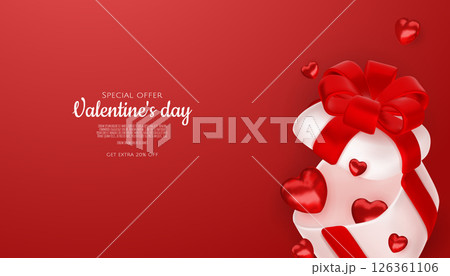 Valentine s day design. Realistic gifts boxes. Open gift box full of decorative festive object. Holiday banner, web poster, flyer, stylish brochure, greeting card, cover. Romantic background 126361106