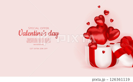 Valentine s day design. Realistic gifts boxes. Open gift box full of decorative festive object. Holiday banner, web poster, flyer, stylish brochure, greeting card, cover. Romantic background Valentine s day design. Realistic gifts boxes. Open gift box full of decorative festive object. Holiday banner, web poster, flyer, stylish brochure, greeting card, cover. Romantic background 126361119