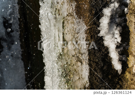 Water jets of a waterfall nearby. Waterfall in winter Water jets of a waterfall nearby. Waterfall in winter 126361124