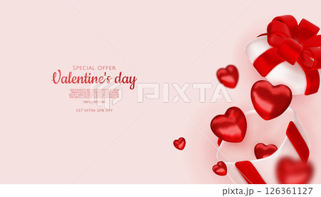 Valentines day design. Realistic gifts boxes. Open gift box full of decorative festive object. Holiday banner, web poster, flyer, stylish brochure, greeting card, cover. Romantic background 126361127