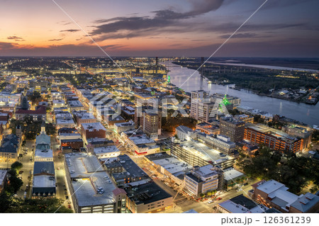 Savannah, Georgia. Waterfront American architecture with illuminated streets and historical buildings Savannah, Georgia. Waterfront American architecture with illuminated streets and historical buildings 126361239
