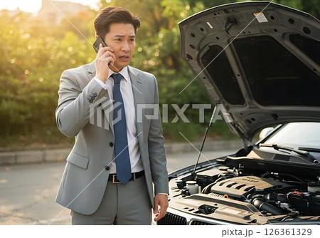 Worried Businessman Calling for Roadside Assistance 126361329