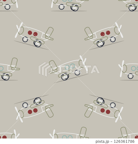 Seamless pattern with retro outline airplanes on beige background 126361786