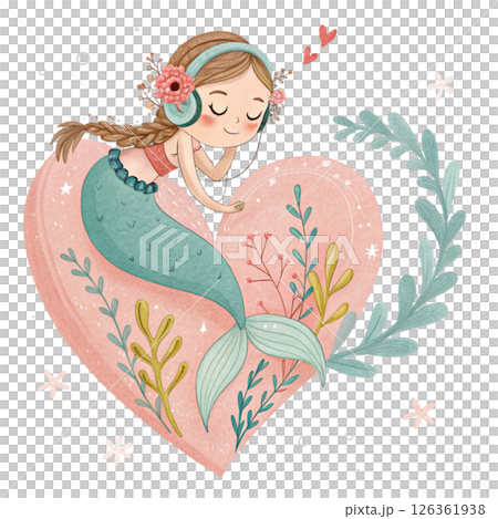 Cute mermaid  headphones Whimsical Hand-Drawn Love Clipart White Background 126361938