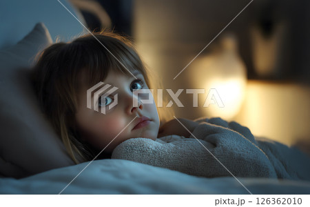 Sad little baby girl is lying in bed at home or hospital 126362010