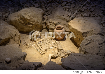 Human Skeleton and Ancient Pottery from Archaeological Site in Bahrain Human Skeleton and Ancient Pottery from Archaeological Site in Bahrain 126362077
