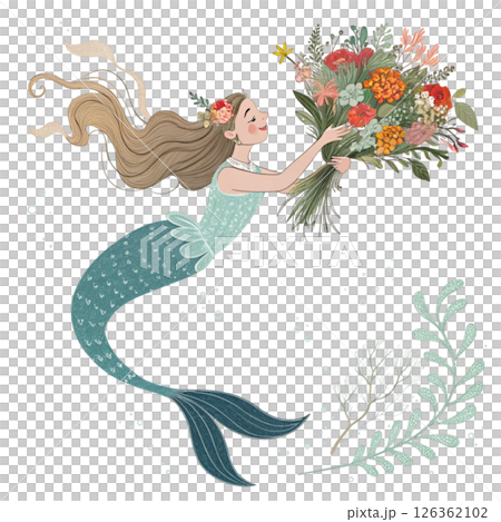 Cute mermaid  Holding a bouquet of flowers  Whimsical Hand-Drawn  Clipart Minimal  White Background 126362102