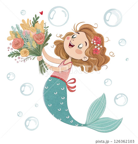 Cute mermaid  Holding a bouquet of flowers  Whimsical Hand-Drawn  Clipart Minimal  White Background 126362103
