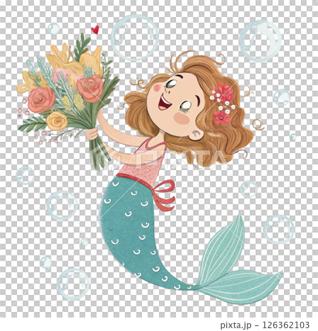 Cute mermaid  Holding a bouquet of flowers  Whimsical Hand-Drawn  Clipart Minimal  White Background 126362103