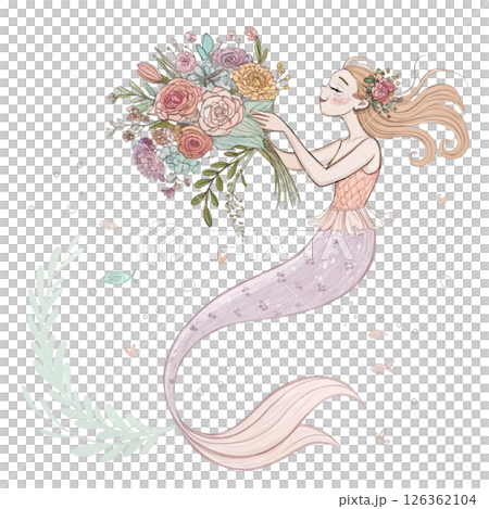 Cute mermaid  Holding a bouquet of flowers  Whimsical Hand-Drawn  Clipart Minimal  White Background 126362104