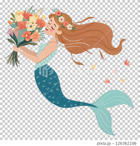 Cute mermaid  Holding a bouquet of flowers  Whimsical Hand-Drawn  Clipart Minimal  White Background 126362106