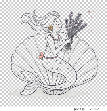 Cute mermaid  Holding a bouquet of flowers  Whimsical Hand-Drawn  Clipart Minimal  White Background 126362108