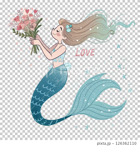 Cute mermaid  Holding a bouquet of flowers  Whimsical Hand-Drawn  Clipart Minimal  White Background 126362110