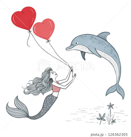 Cute mermaid Holding a 3 heart balloons Whimsical Hand-Drawn Clipart Minimal 126362305