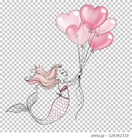 Cute mermaid Holding a 3 heart balloons Whimsical Hand-Drawn Clipart Minimal Cute mermaid Holding a 3 heart balloons Whimsical Hand-Drawn Clipart Minimal 126362310