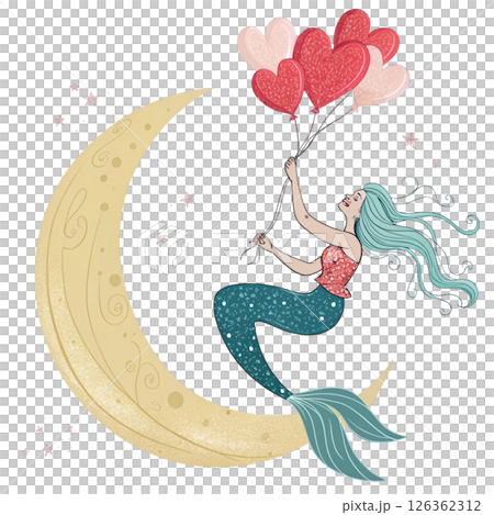 Cute mermaid Holding a 3 heart balloons Whimsical Hand-Drawn Clipart Minimal 126362312