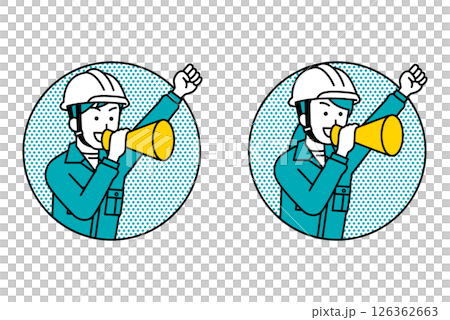 Set of male and female workers jumping out of a circle and cheering with a megaphone 126362663
